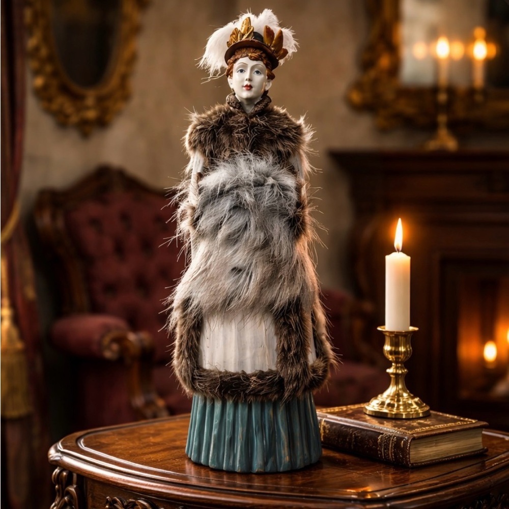Vintage Wood Elegant Figurine with Fur Accents